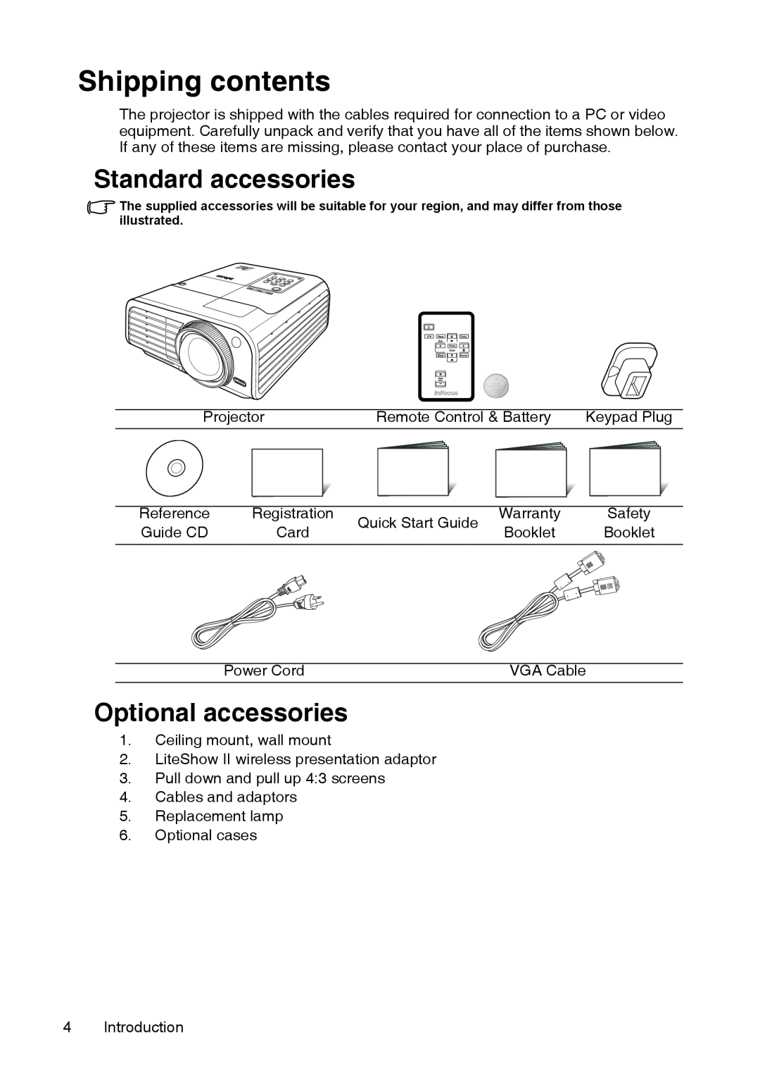InFocus XS1 manual Shipping contents, Standard accessories, Optional accessories 