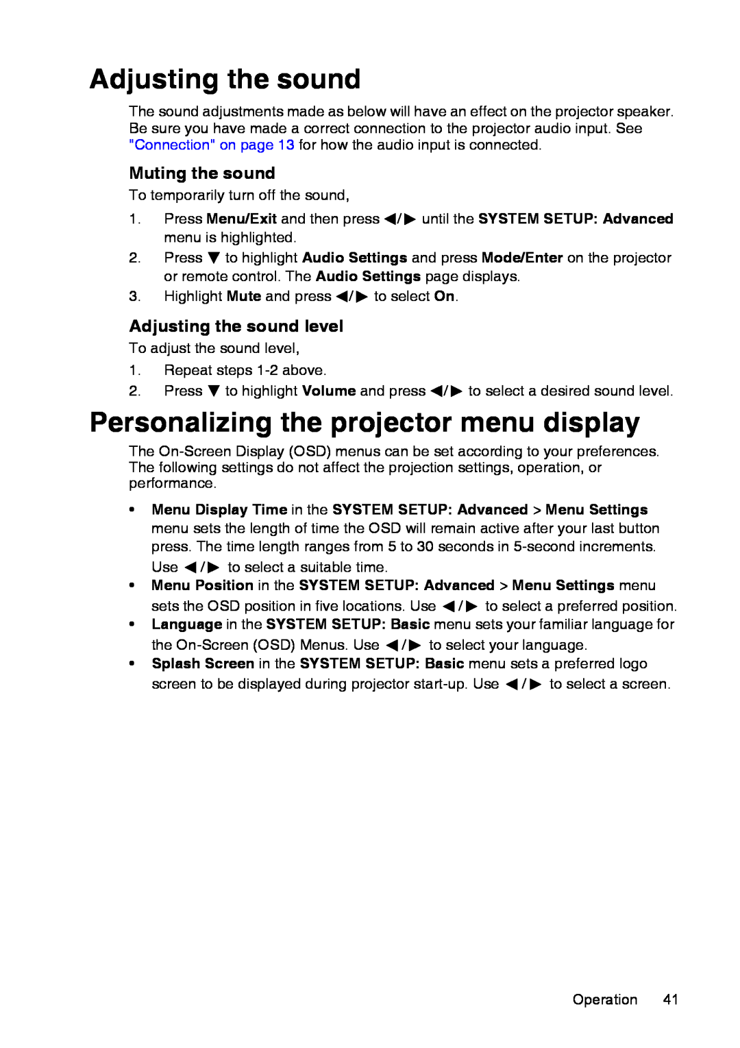 InFocus XS1 manual Personalizing the projector menu display, Muting the sound, Adjusting the sound level 