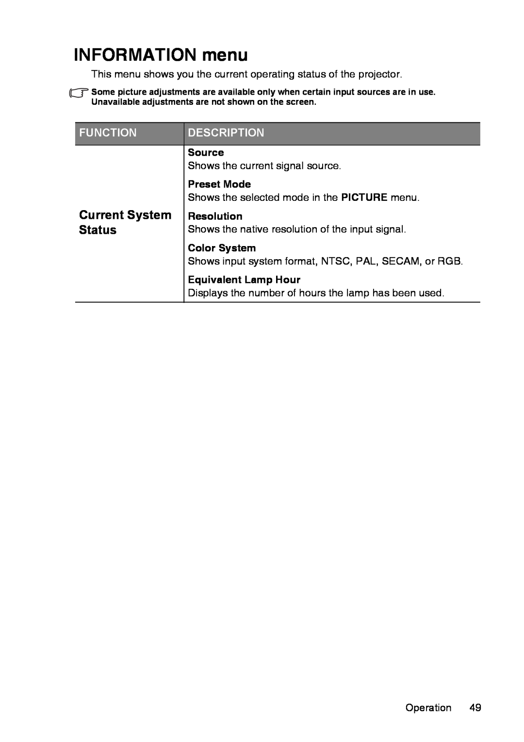 InFocus XS1 manual INFORMATION menu, Current System, Status, Function, Description 