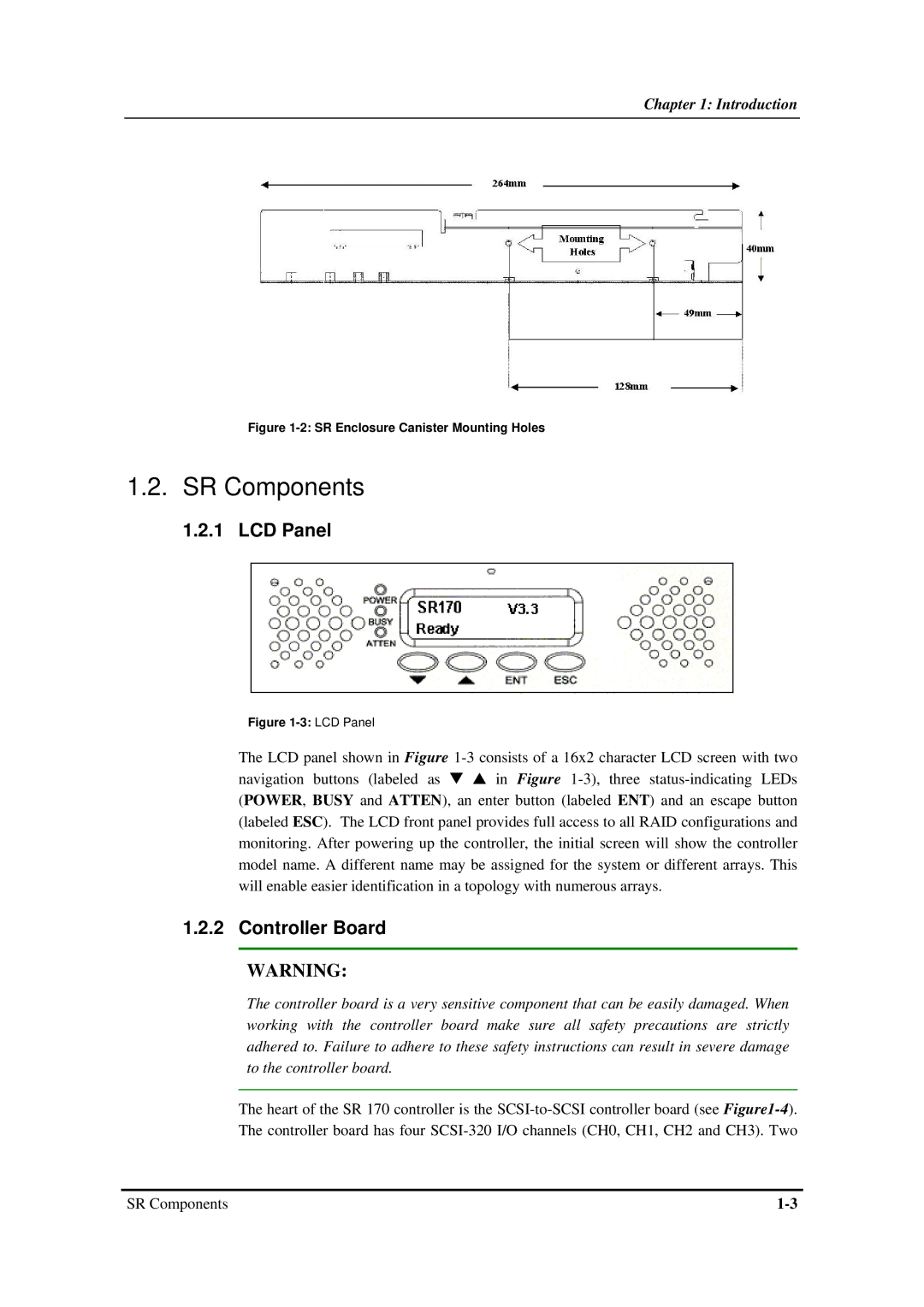 Infortrend SentinelRAID 170 320ML/sec SCSI-to-SCSI RAID Controller manual SR Components, LCD Panel, Controller Board 