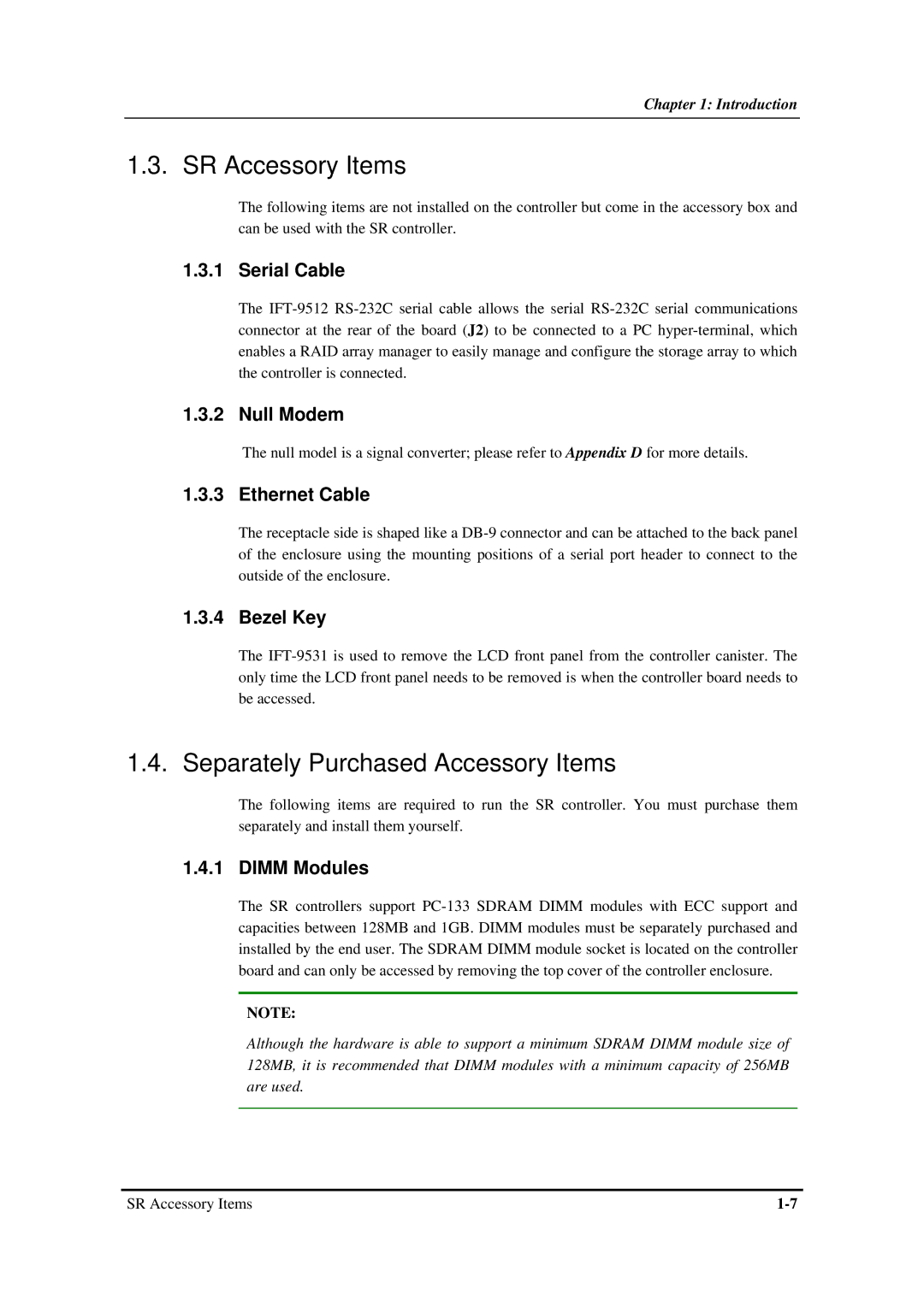 Infortrend SentinelRAID 170 320ML/sec SCSI-to-SCSI RAID Controller manual SR Accessory Items 