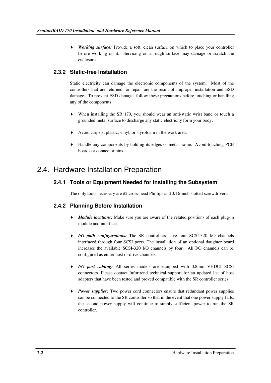 Infortrend 170 manual Hardware Installation Preparation, Static-free Installation, Planning Before Installation 