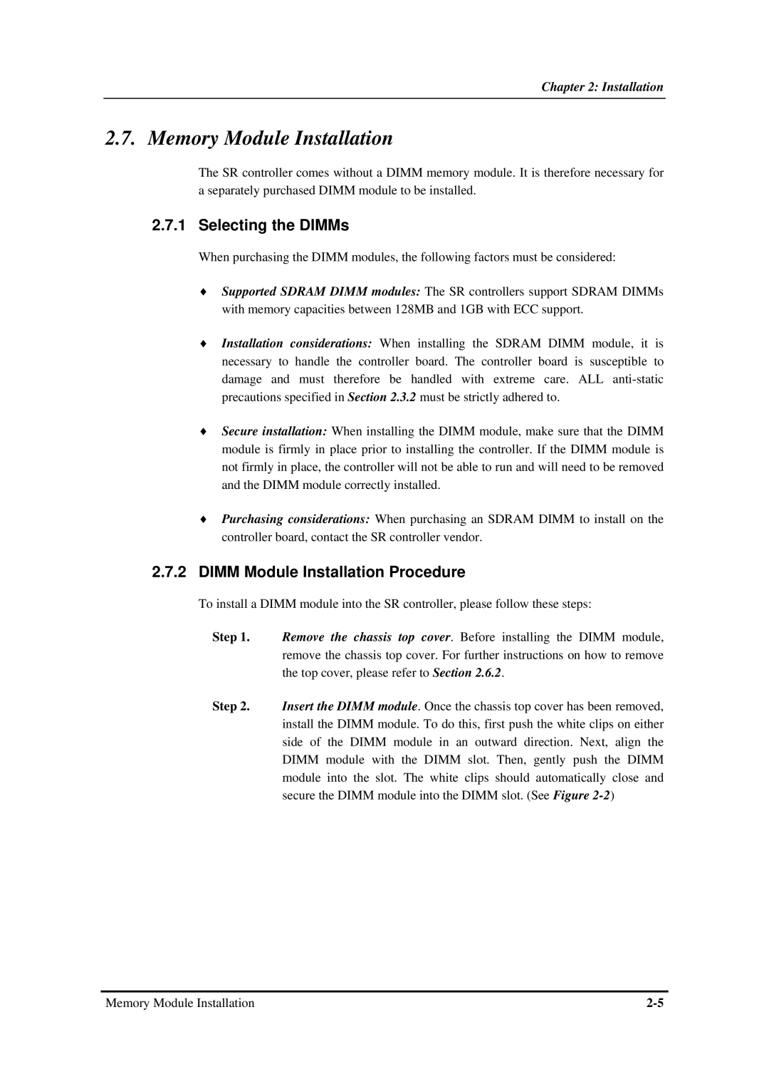 Infortrend SentinelRAID 170 320ML/sec SCSI-to-SCSI RAID Controller manual Memory Module Installation, Selecting the DIMMs 