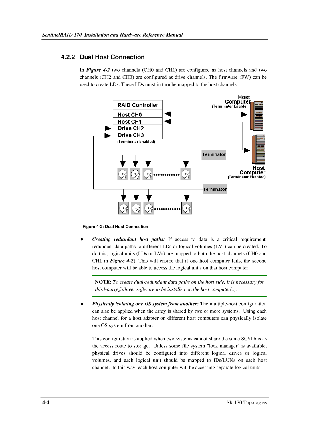 Infortrend SentinelRAID 170 320ML/sec SCSI-to-SCSI RAID Controller manual Dual Host Connection 