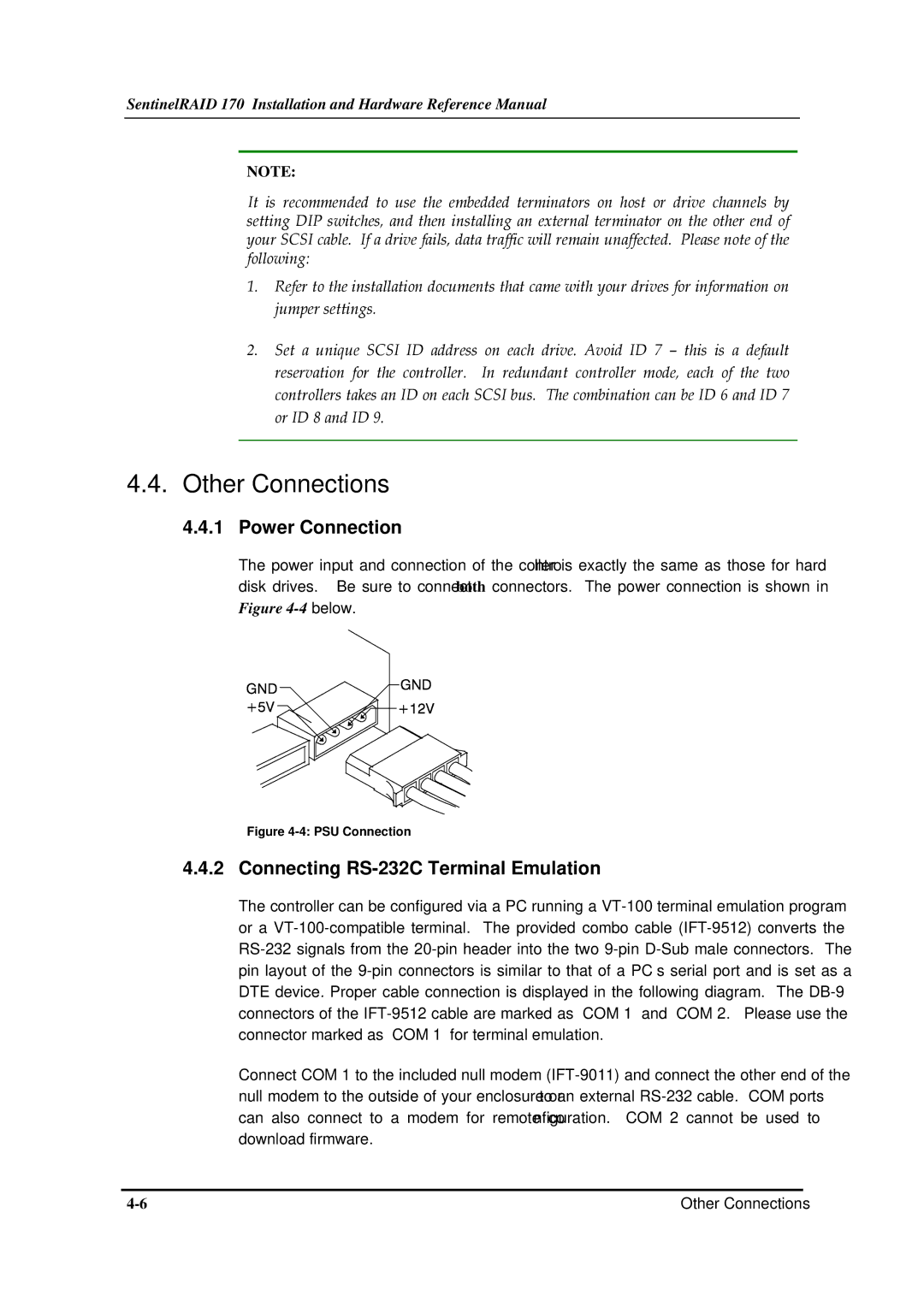 Infortrend 170 manual Other Connections, Power Connection, Connecting RS-232C Terminal Emulation 