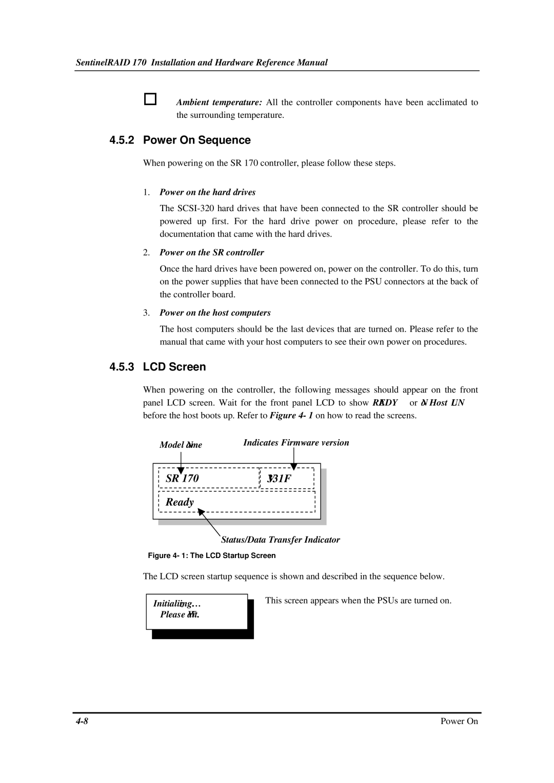 Infortrend SentinelRAID 170 320ML/sec SCSI-to-SCSI RAID Controller manual Power On Sequence, LCD Screen 