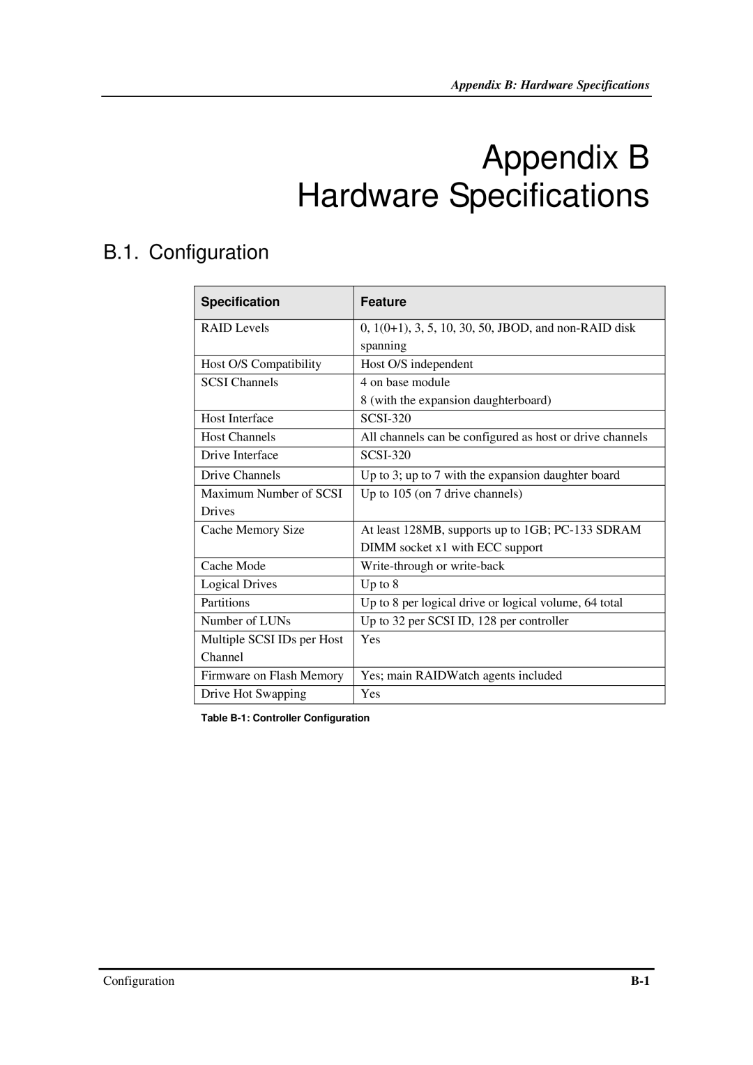 Infortrend SentinelRAID 170 320ML/sec SCSI-to-SCSI RAID Controller manual Appendix B Hardware Specifications, Configuration 