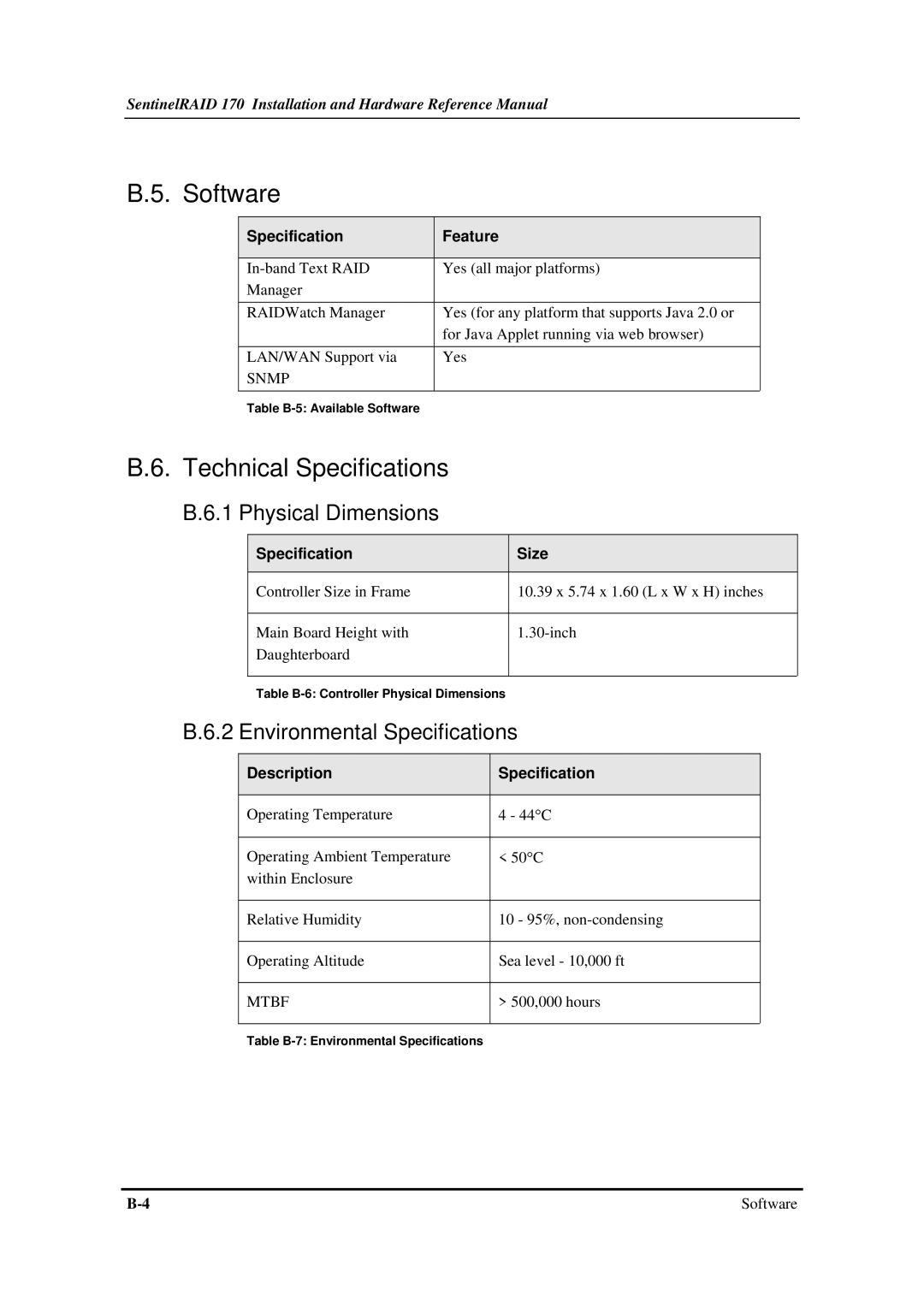 Infortrend 170 manual Software, Technical Specifications, Specification Size, Description Specification 