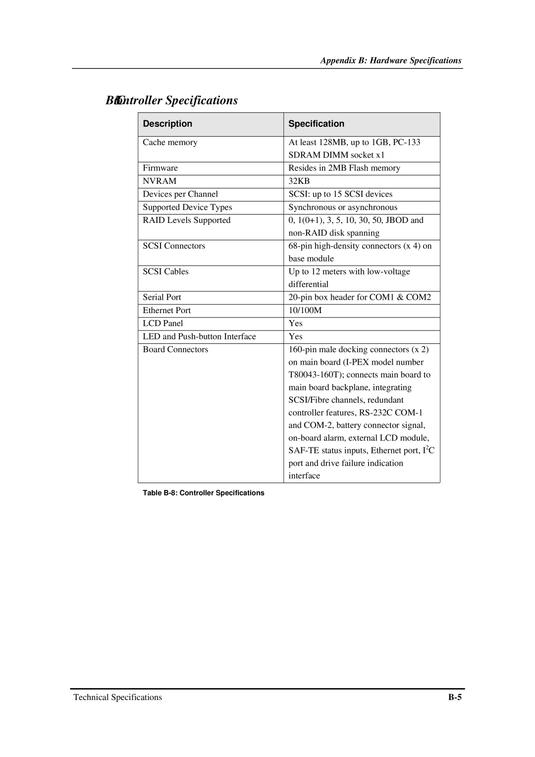 Infortrend SentinelRAID 170 320ML/sec SCSI-to-SCSI RAID Controller manual Controller Specifications 