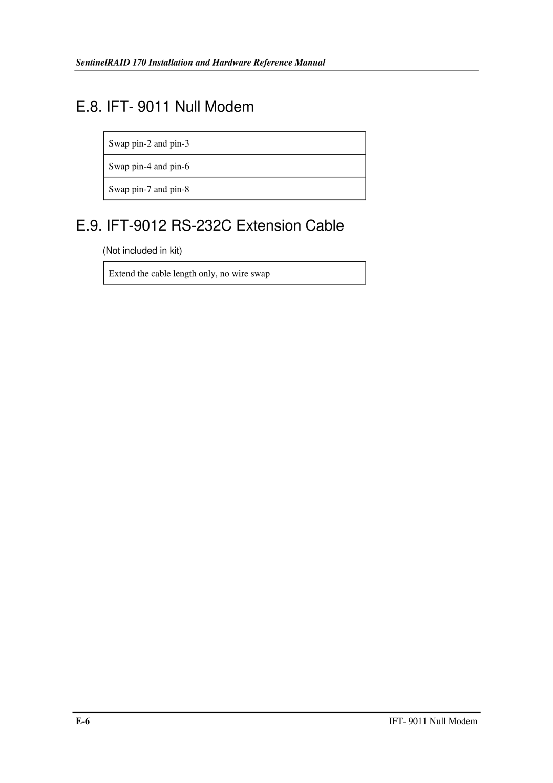 Infortrend 170 manual IFT- 9011 Null Modem, IFT-9012 RS-232C Extension Cable 