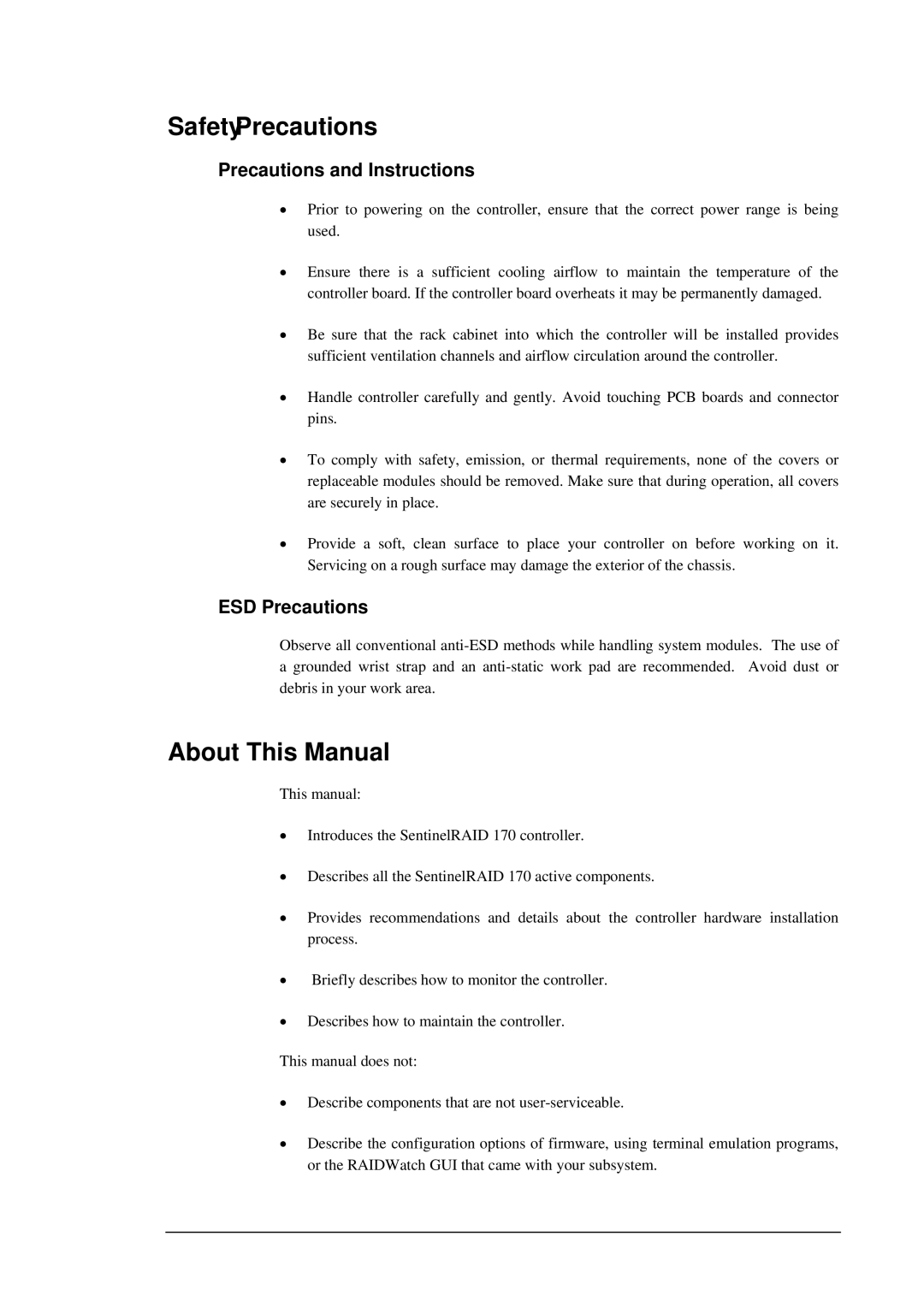 Infortrend 170 manual Safety Precautions, About This Manual, Precautions and Instructions, ESD Precautions 