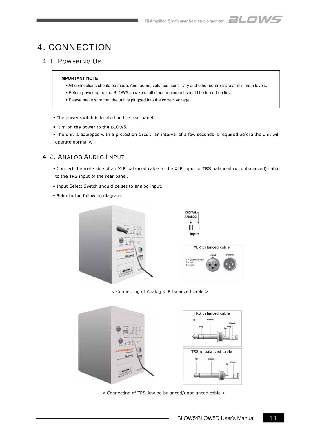 Infrasonic BLOW5D user manual Connection, Powering UP, Analog Audio Input 