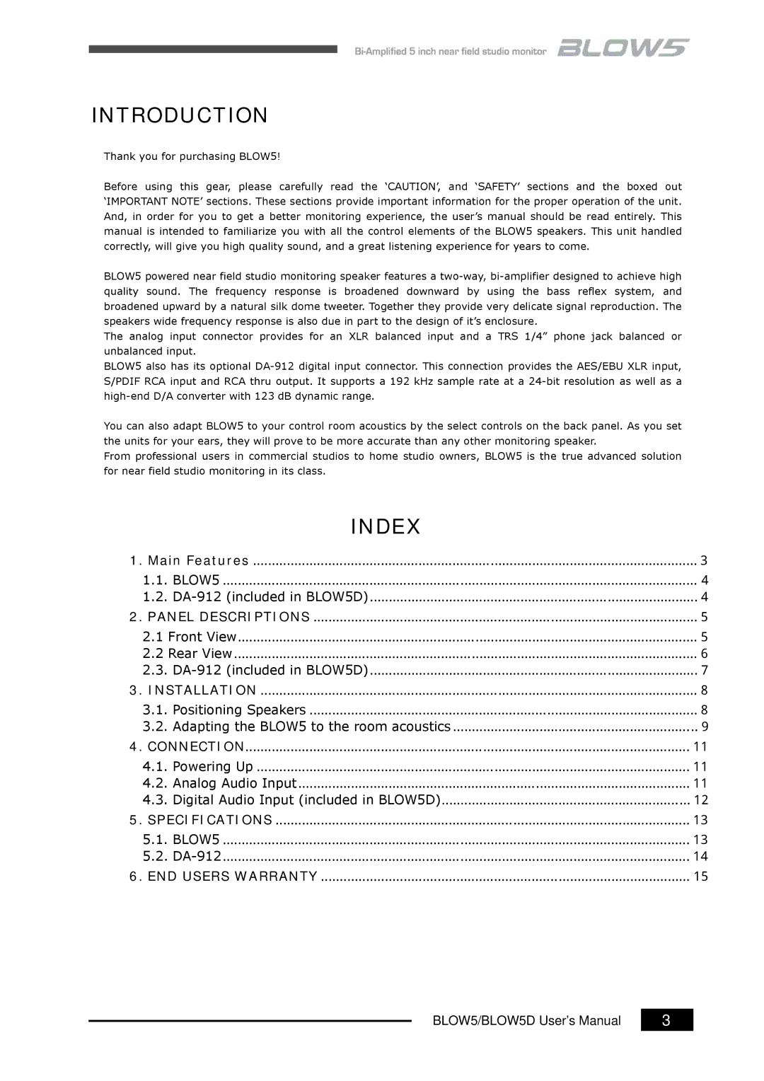 Infrasonic BLOW5D user manual Introduction, Index 