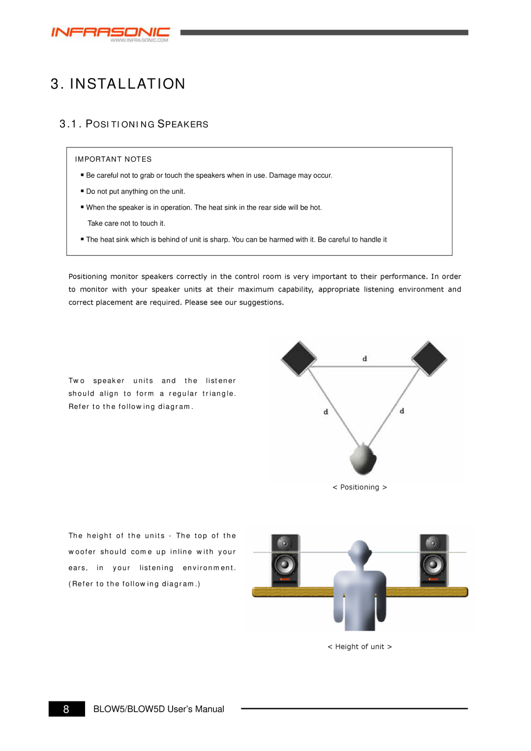 Infrasonic BLOW5D user manual Installation, Positioning Speakers 