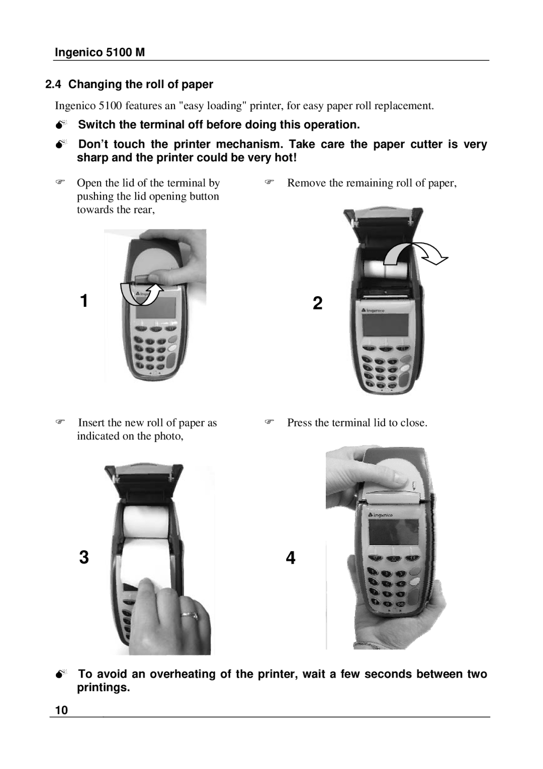 Ingenico 5100M manual Ingenico 5100 M Changing the roll of paper 
