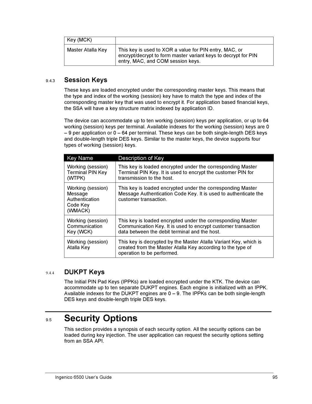 Ingenico 6500 manual Security Options, Session Keys, Dukpt Keys, Wtpk, Wmack 