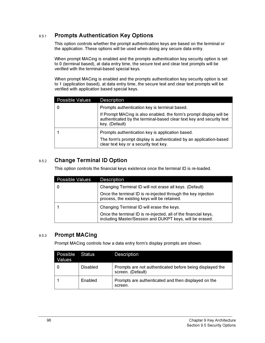 Ingenico 6500 Prompts Authentication Key Options, Change Terminal ID Option, Prompt MACing, Possible Values Description 