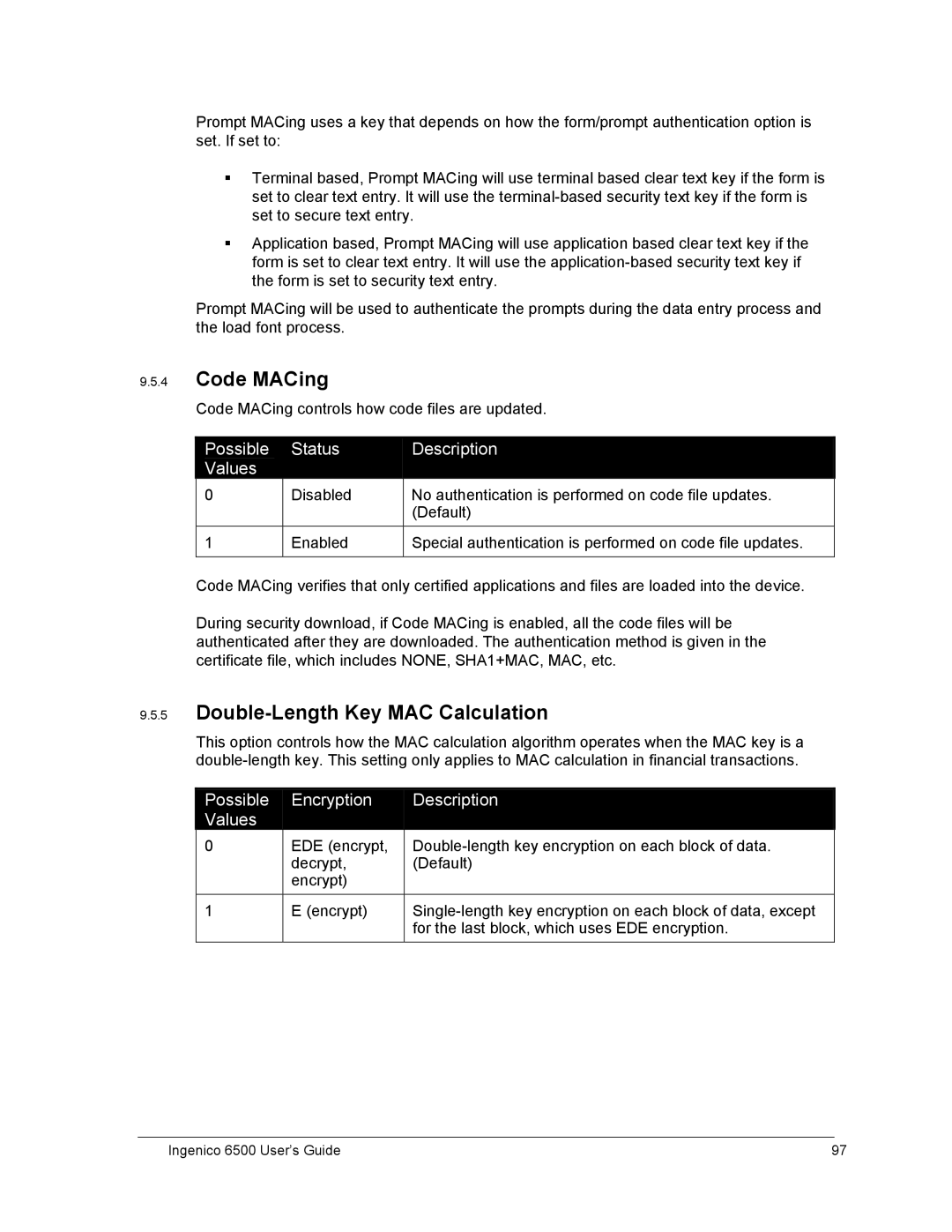 Ingenico 6500 manual Code MACing, Double-Length Key MAC Calculation, Possible Encryption Description Values 