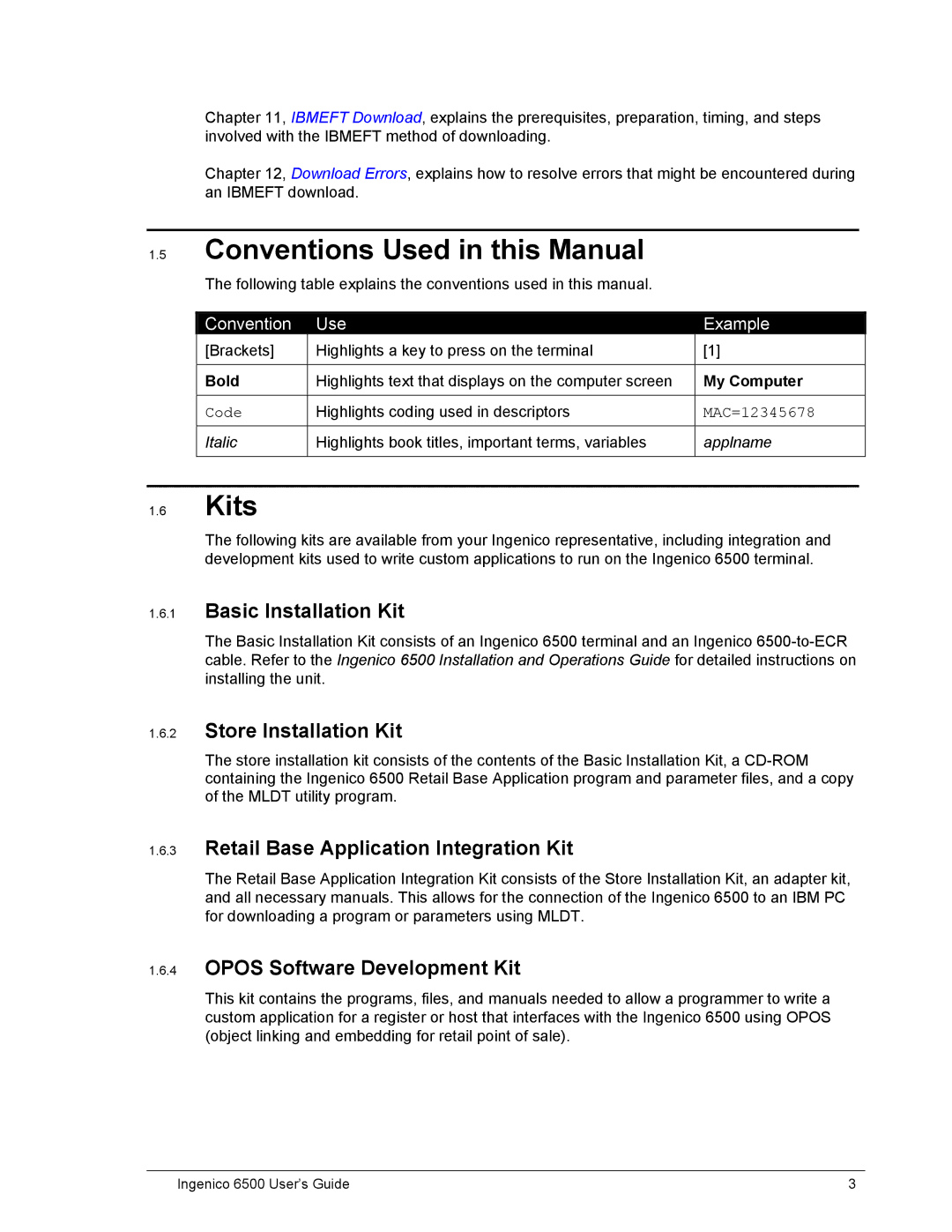 Ingenico 6500 manual Conventions Used in this Manual, Kits 