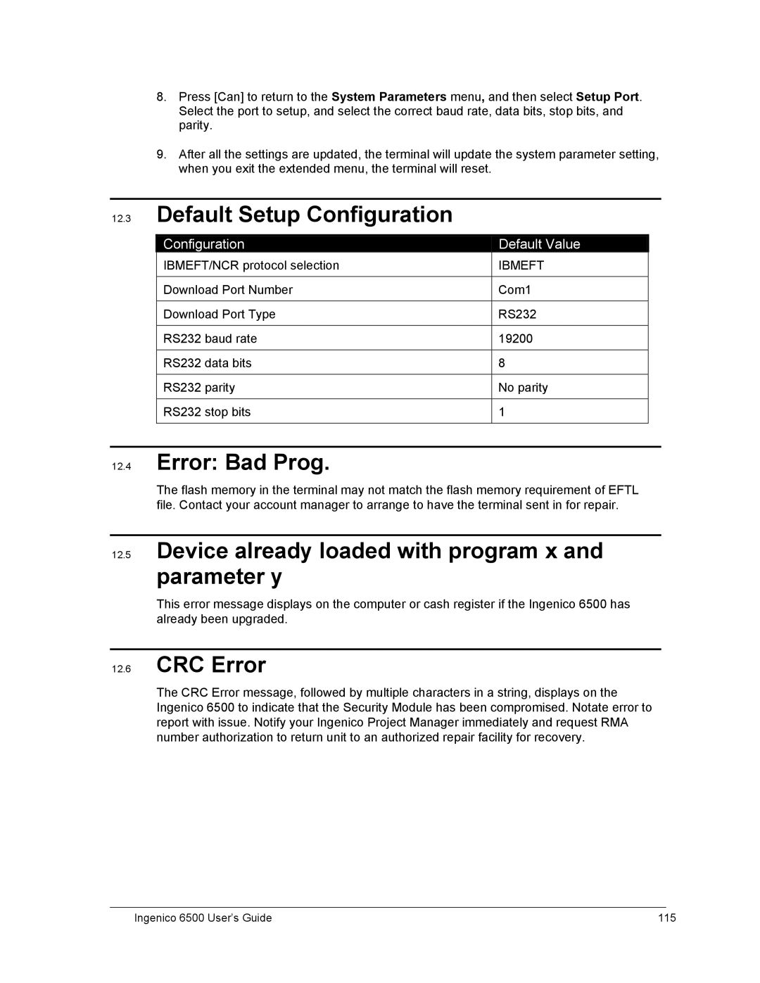 Ingenico 6500 Default Setup Configuration, Error Bad Prog, Device already loaded with program x Parameter y, CRC Error 