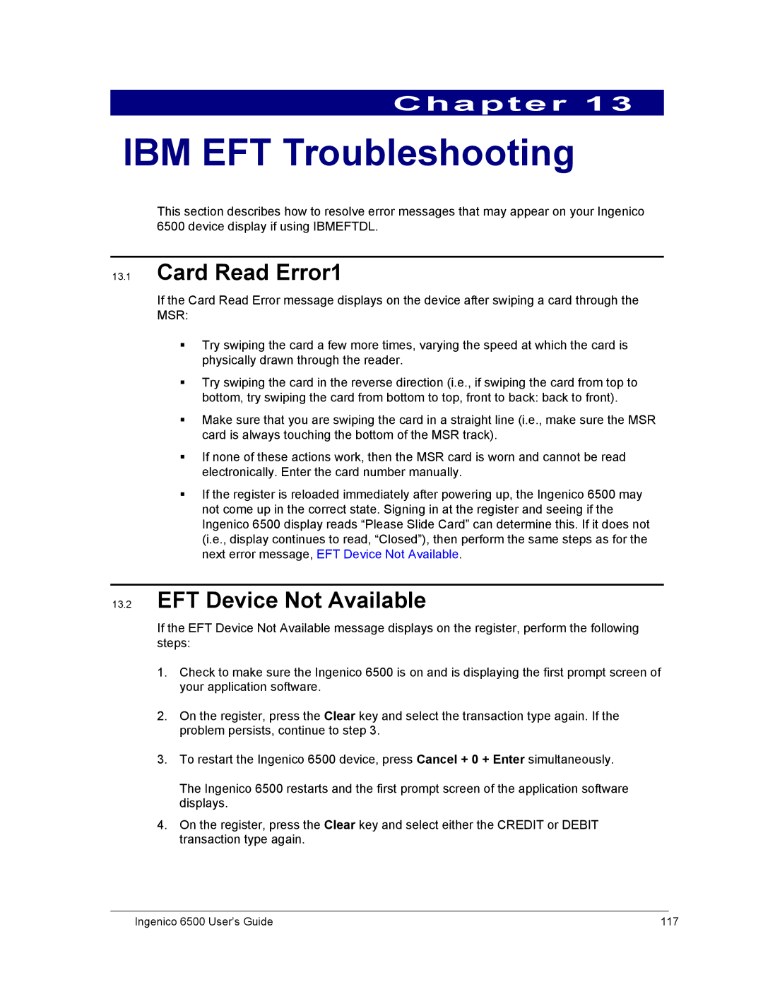 Ingenico 6500 manual IBM EFT Troubleshooting, Card Read Error1, EFT Device Not Available 