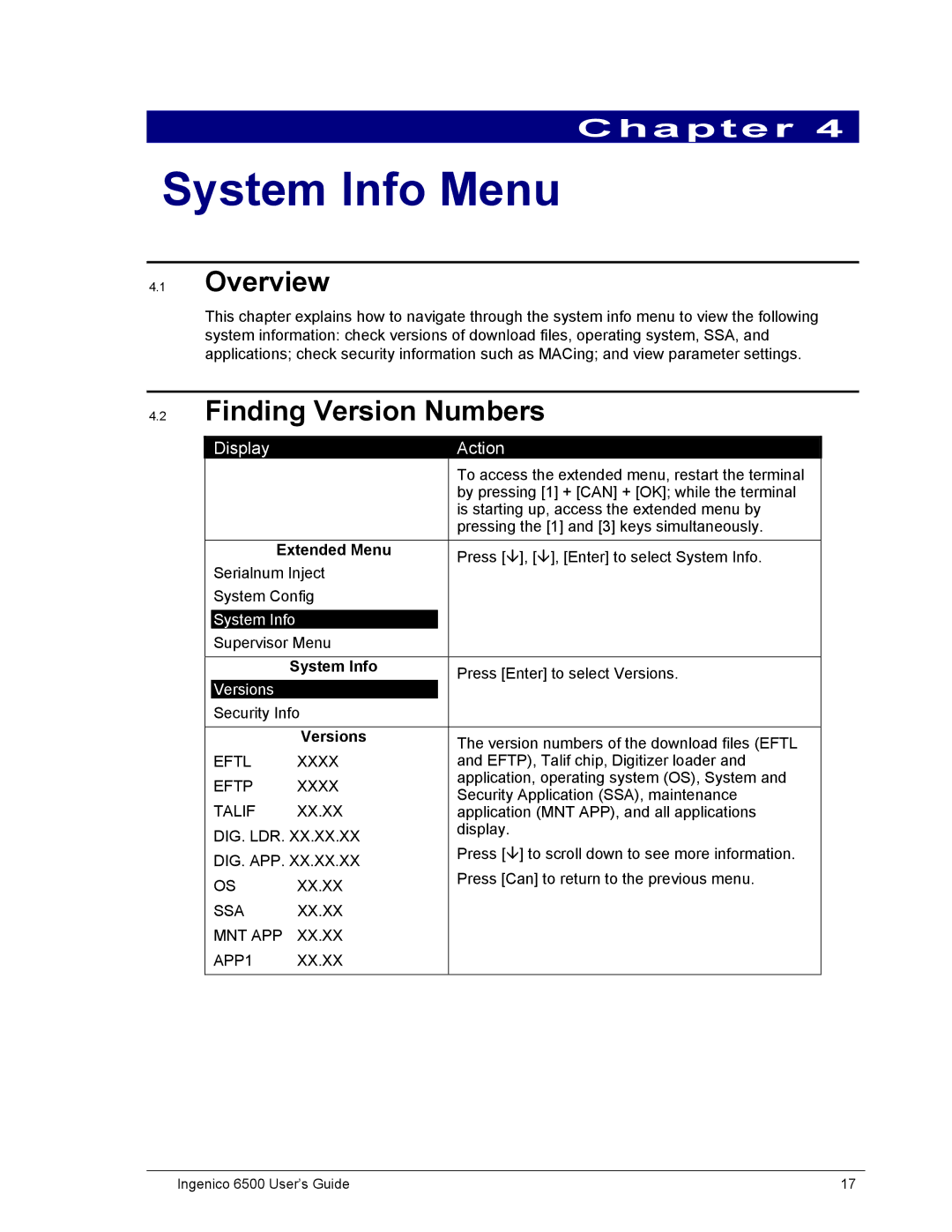 Ingenico 6500 manual System Info Menu, Finding Version Numbers, Versions 