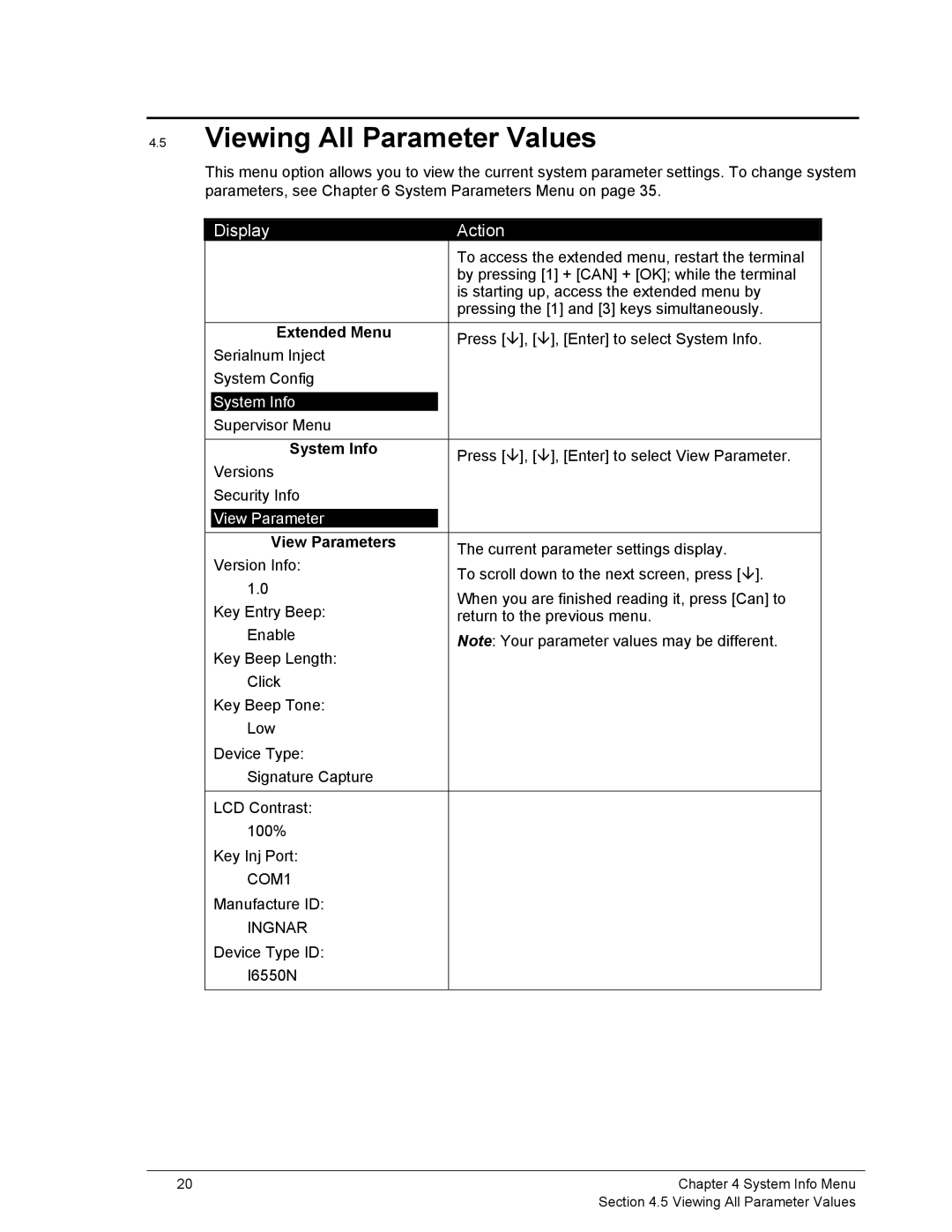 Ingenico 6500 manual Viewing All Parameter Values, DisplayAction, View Parameter, Ingnar 