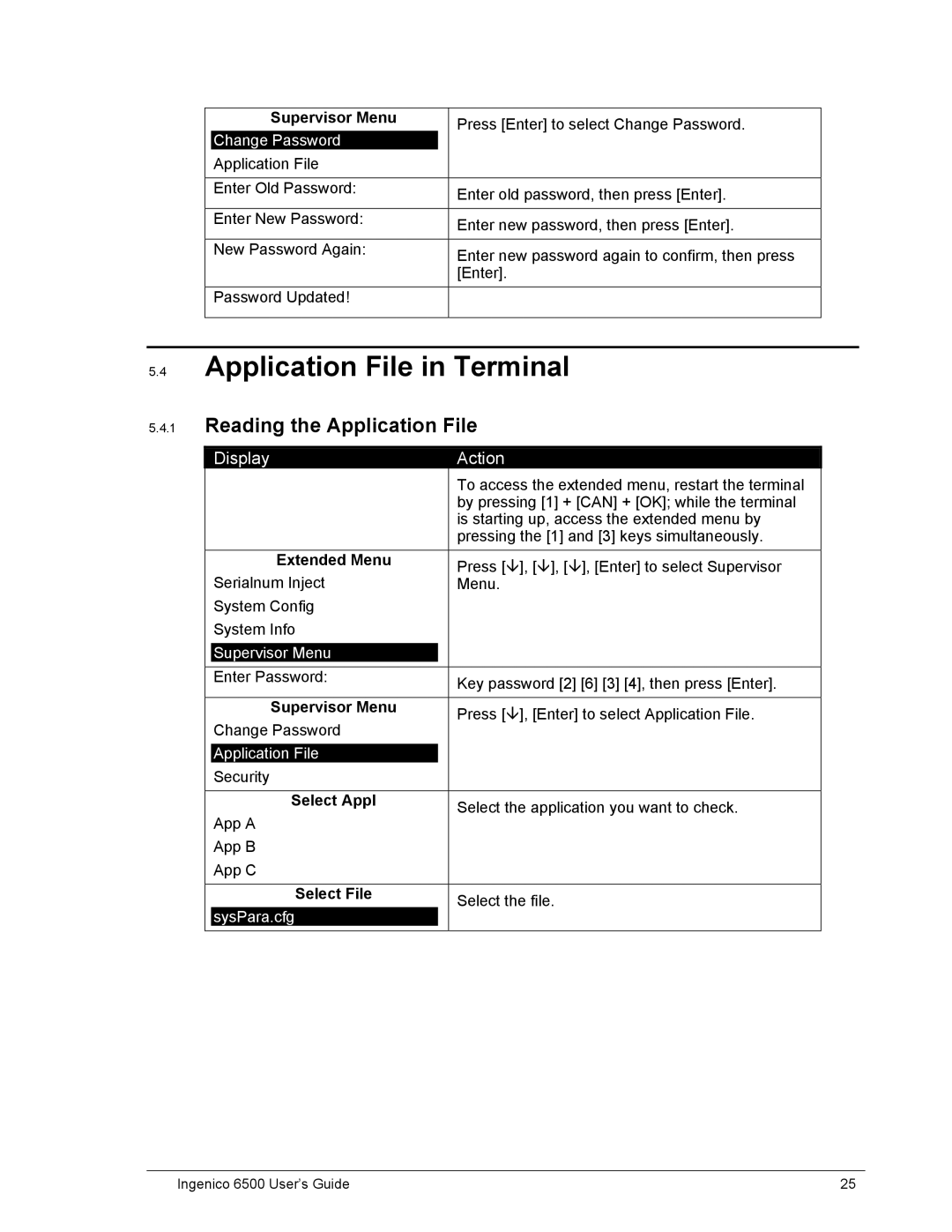 Ingenico 6500 manual Application File in Terminal, Reading the Application File, Supervisor Menu 