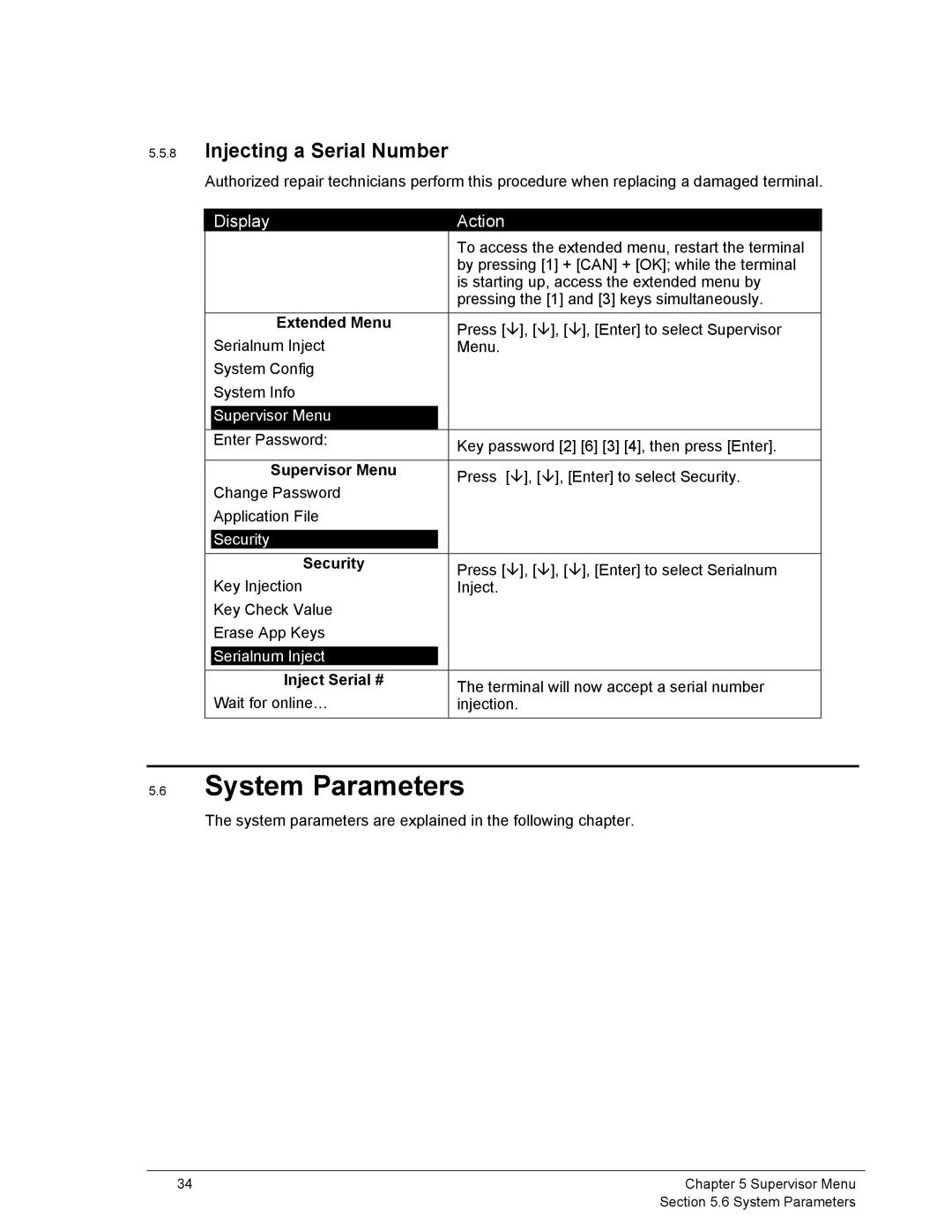 Ingenico 6500 manual System Parameters, Injecting a Serial Number 