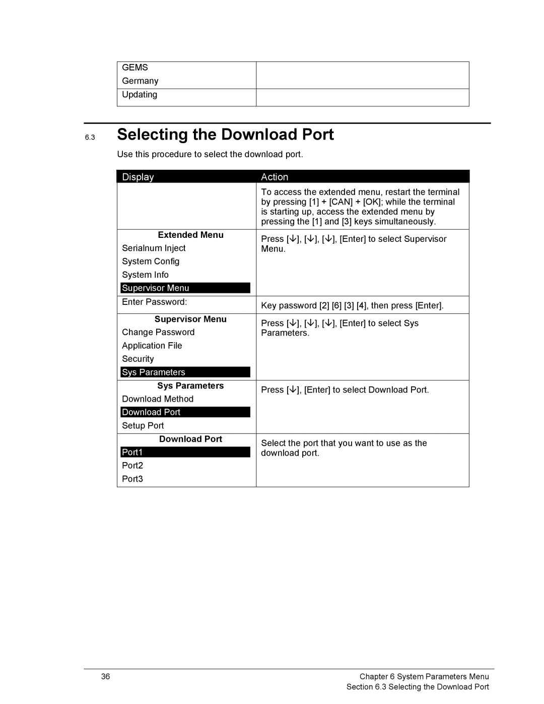 Ingenico 6500 manual Selecting the Download Port, Port1 