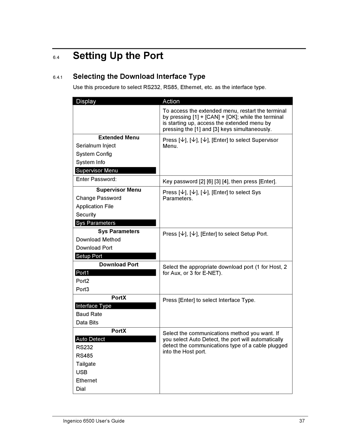 Ingenico 6500 manual Setting Up the Port, Selecting the Download Interface Type, PortX 