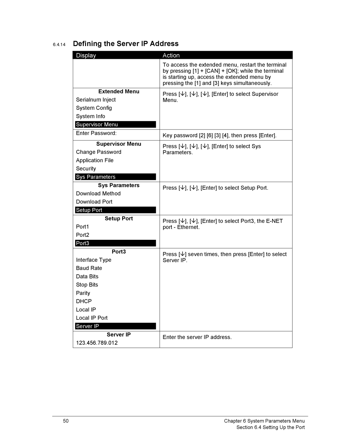 Ingenico 6500 manual Defining the Server IP Address 