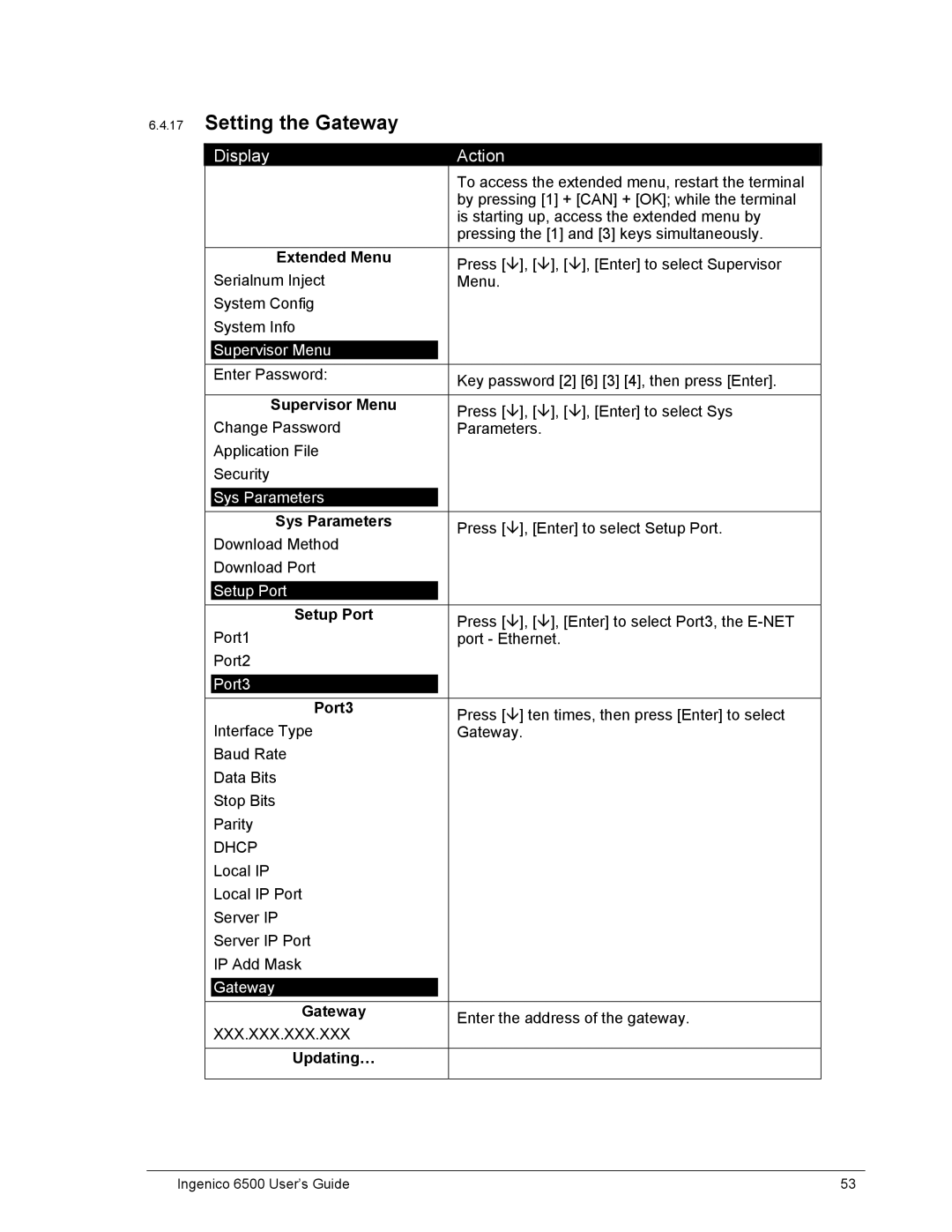 Ingenico 6500 manual Setting the Gateway, Updating… 