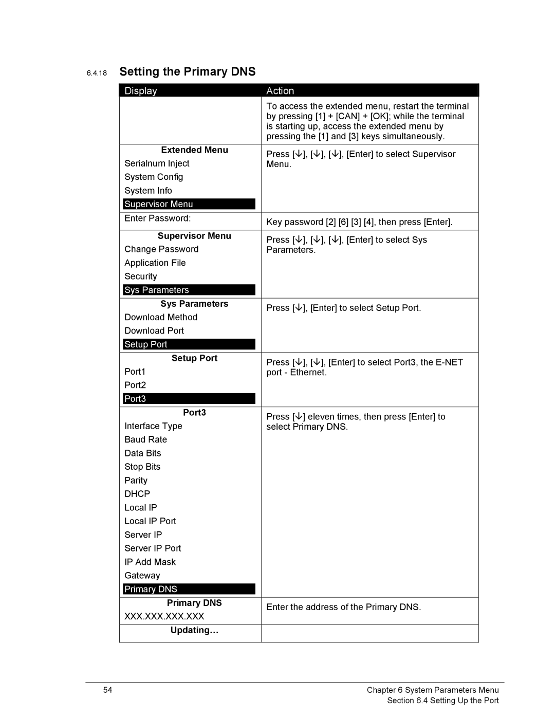 Ingenico 6500 manual Setting the Primary DNS 