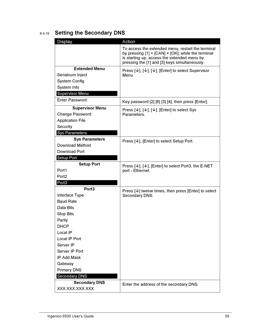 Ingenico 6500 manual Setting the Secondary DNS 