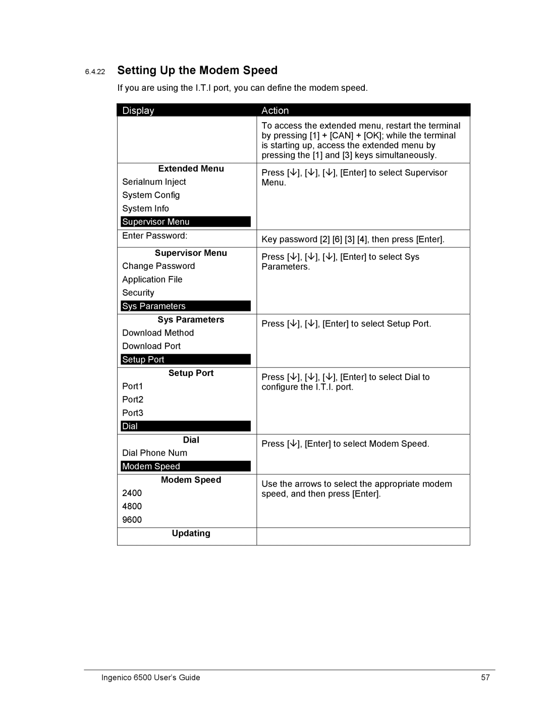 Ingenico 6500 manual Setting Up the Modem Speed 