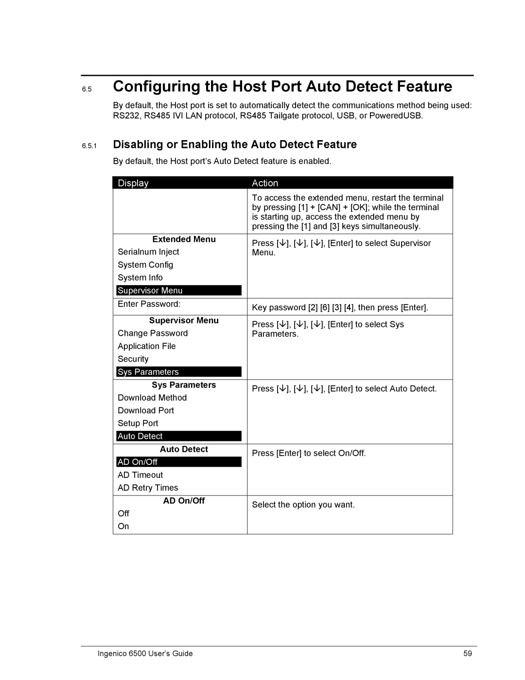 Ingenico 6500 Configuring the Host Port Auto Detect Feature, Disabling or Enabling the Auto Detect Feature, AD On/Off 