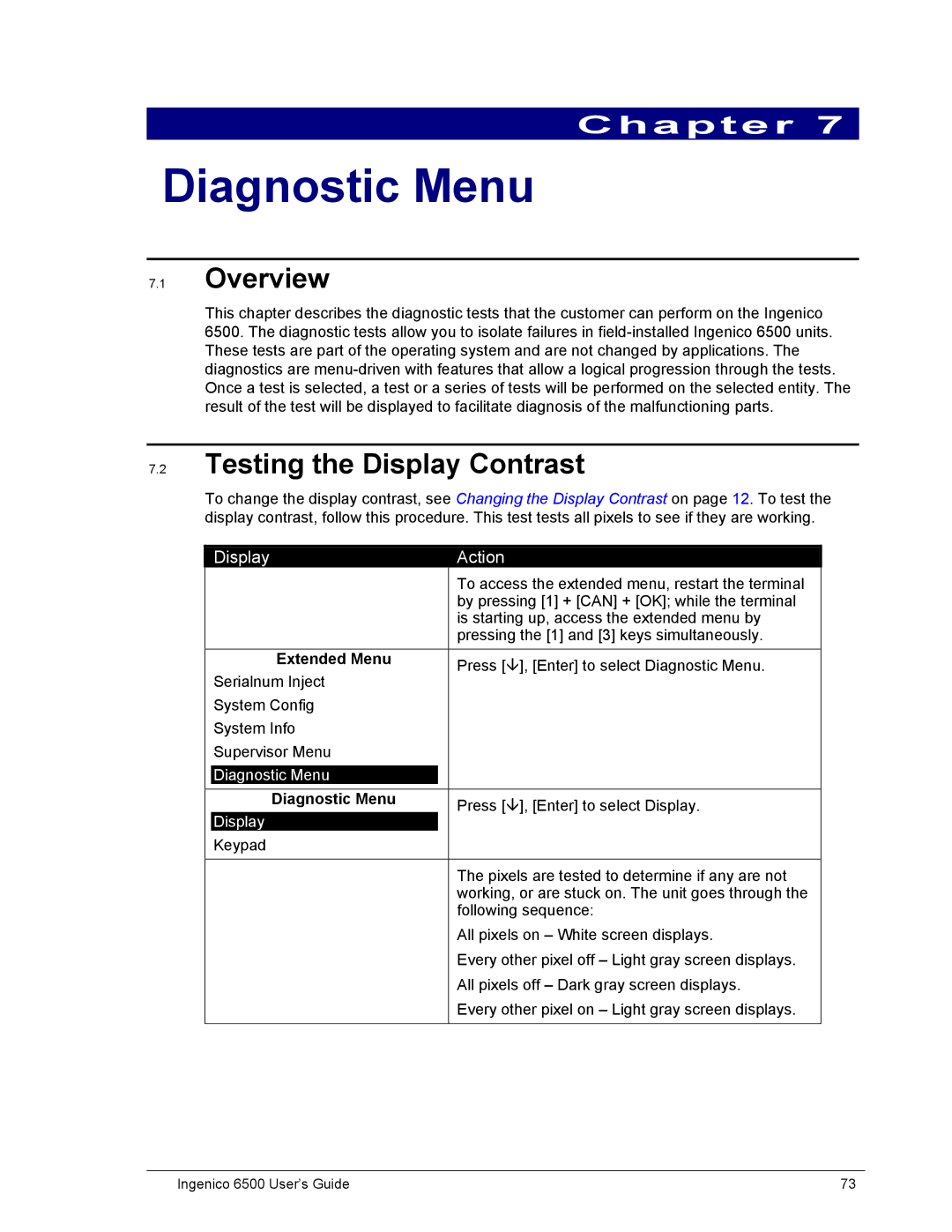 Ingenico 6500 manual Diagnostic Menu, Testing the Display Contrast 