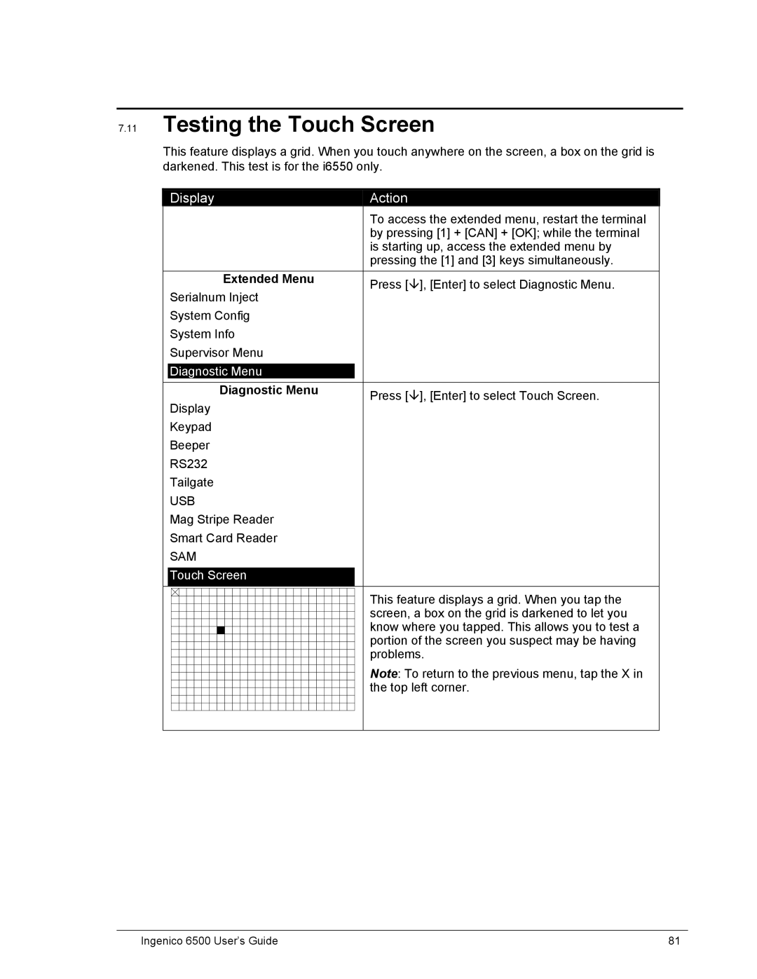 Ingenico 6500 manual Testing the Touch Screen 