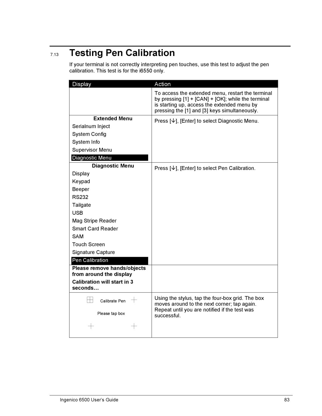 Ingenico 6500 manual Testing Pen Calibration 