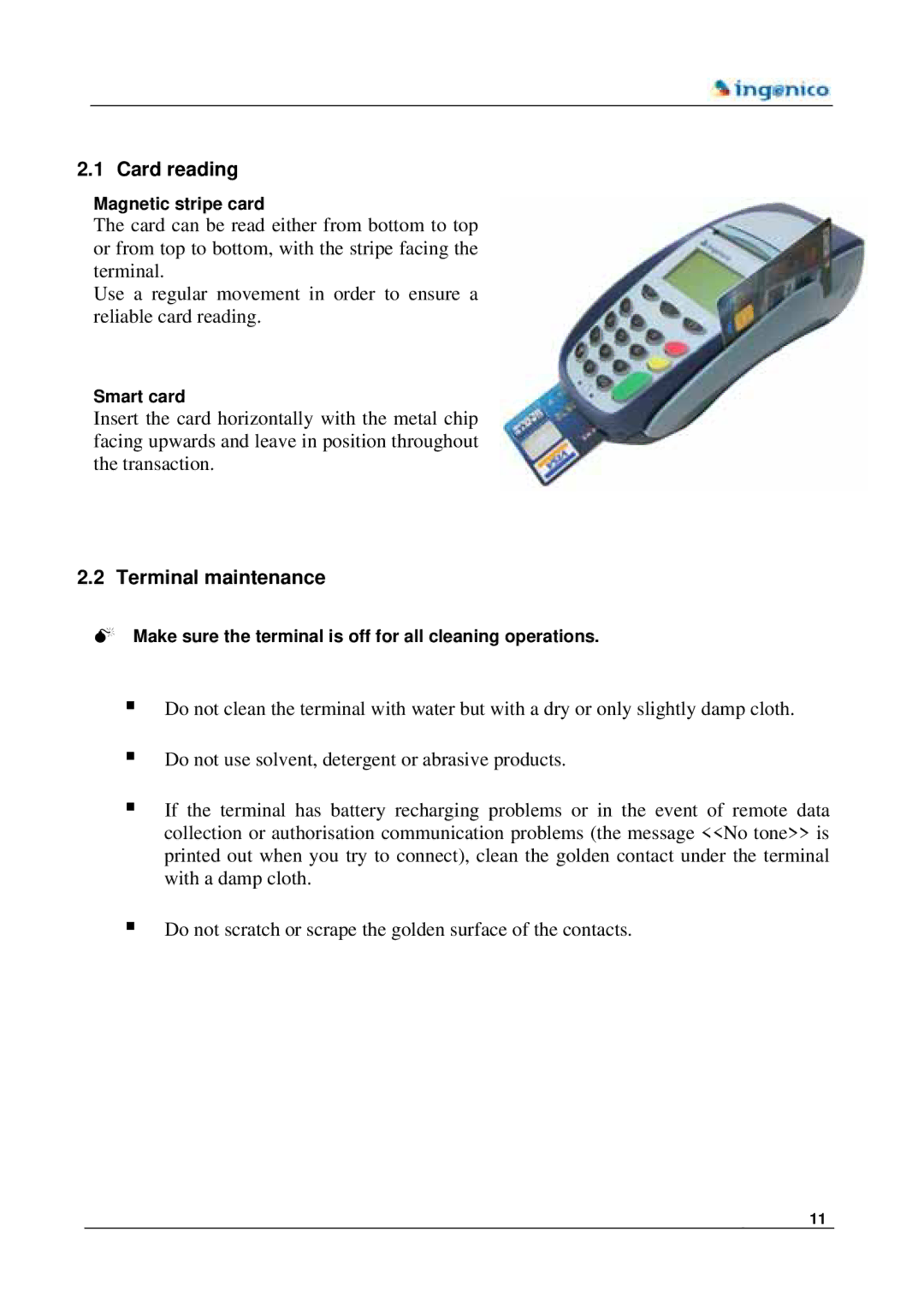 Ingenico 7780 manual Card reading, Terminal maintenance 