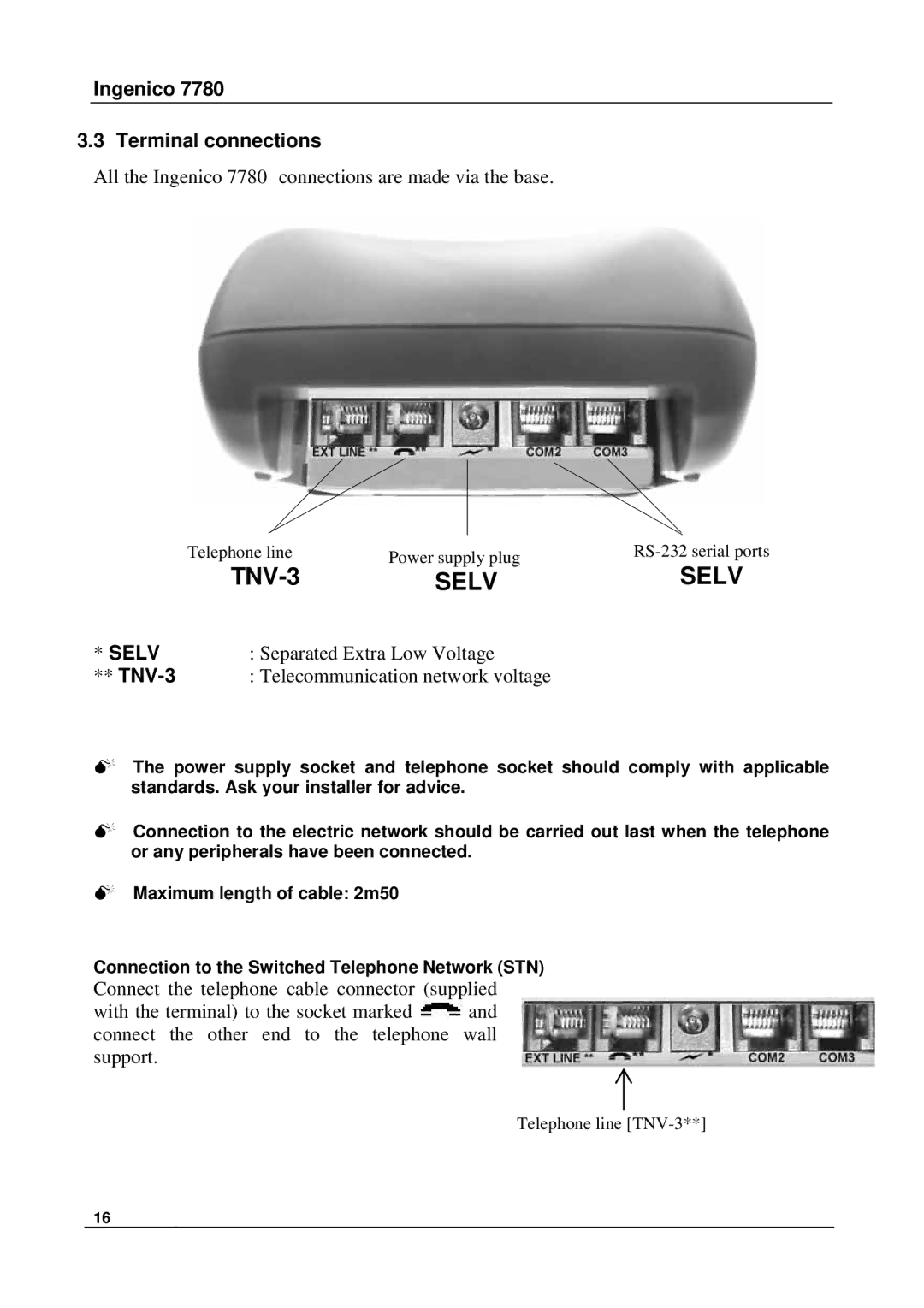 Ingenico 7780 manual TNV-3, Ingenico Terminal connections 