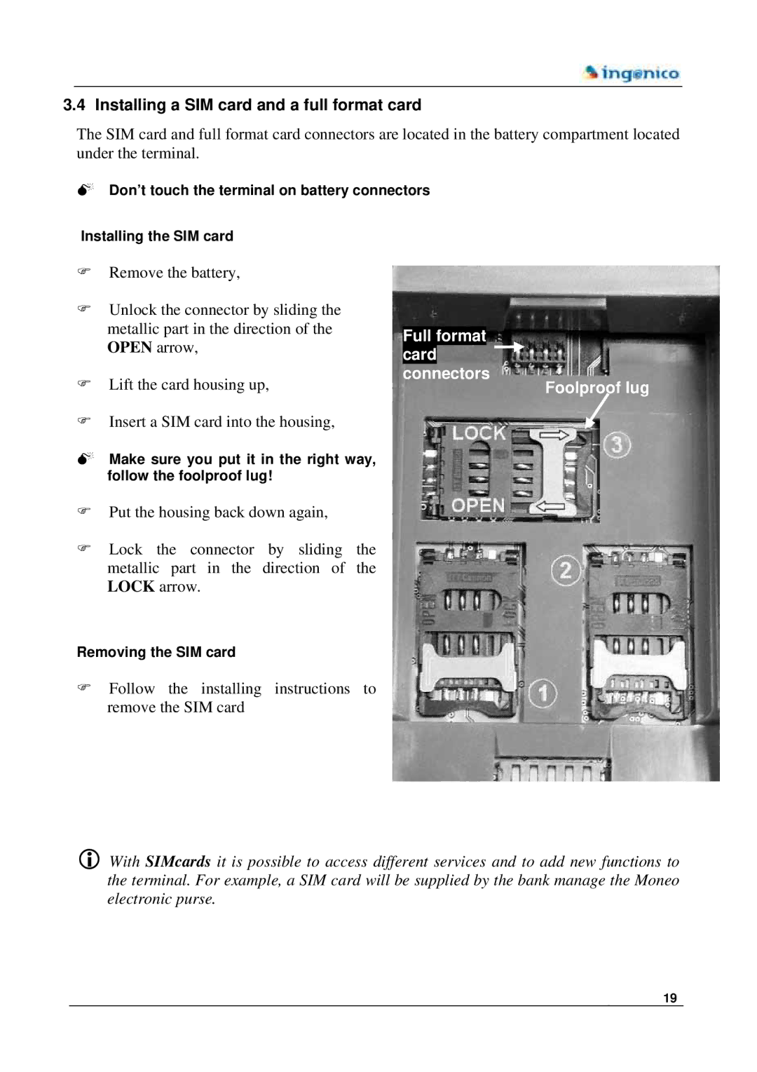 Ingenico 7780 manual Installing a SIM card and a full format card, Full format card connectors Foolproof lug 