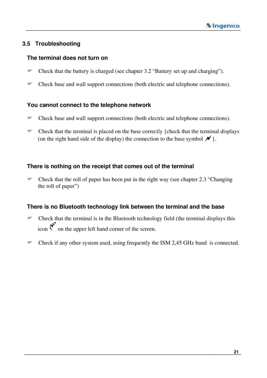 Ingenico 7780 manual Troubleshooting Terminal does not turn on, You cannot connect to the telephone network 