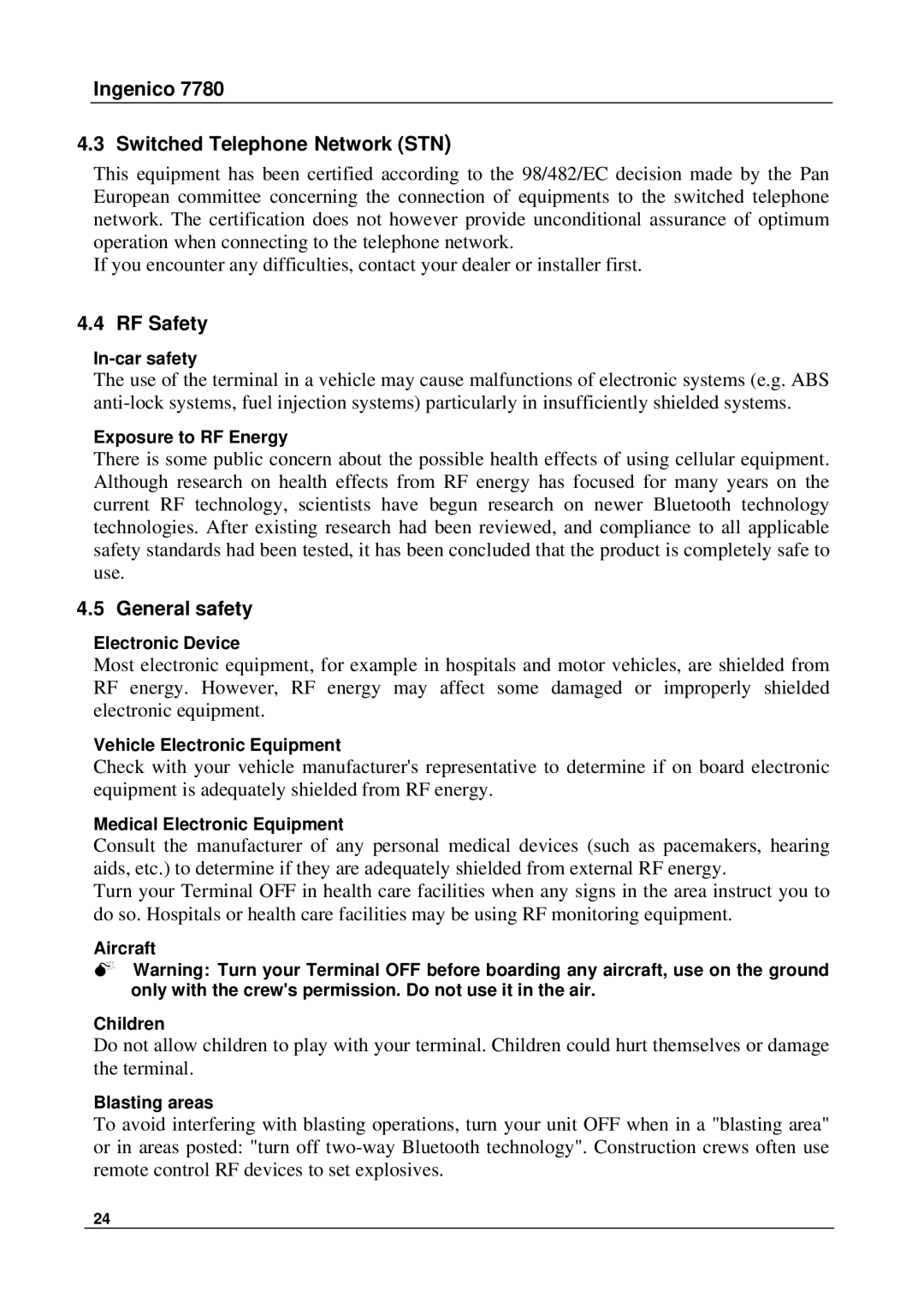 Ingenico 7780 manual Ingenico Switched Telephone Network STN, RF Safety, General safety 