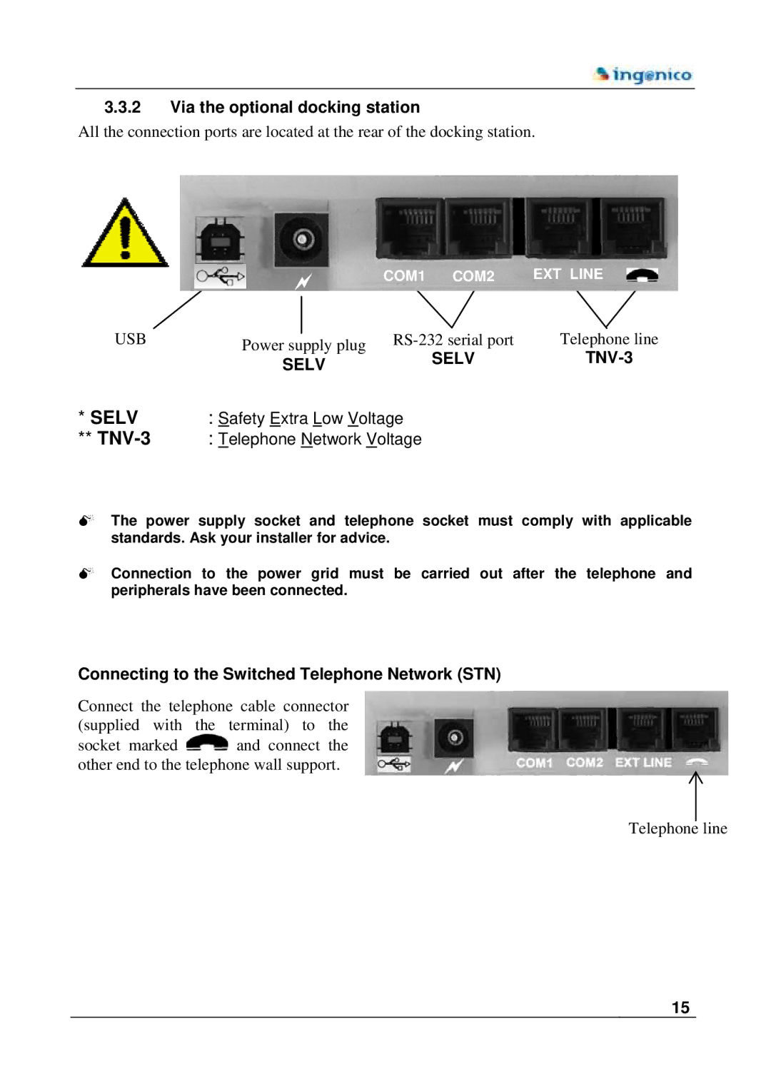 Ingenico 8550 manual Via the optional docking station, TNV-3, Connecting to the Switched Telephone Network STN 