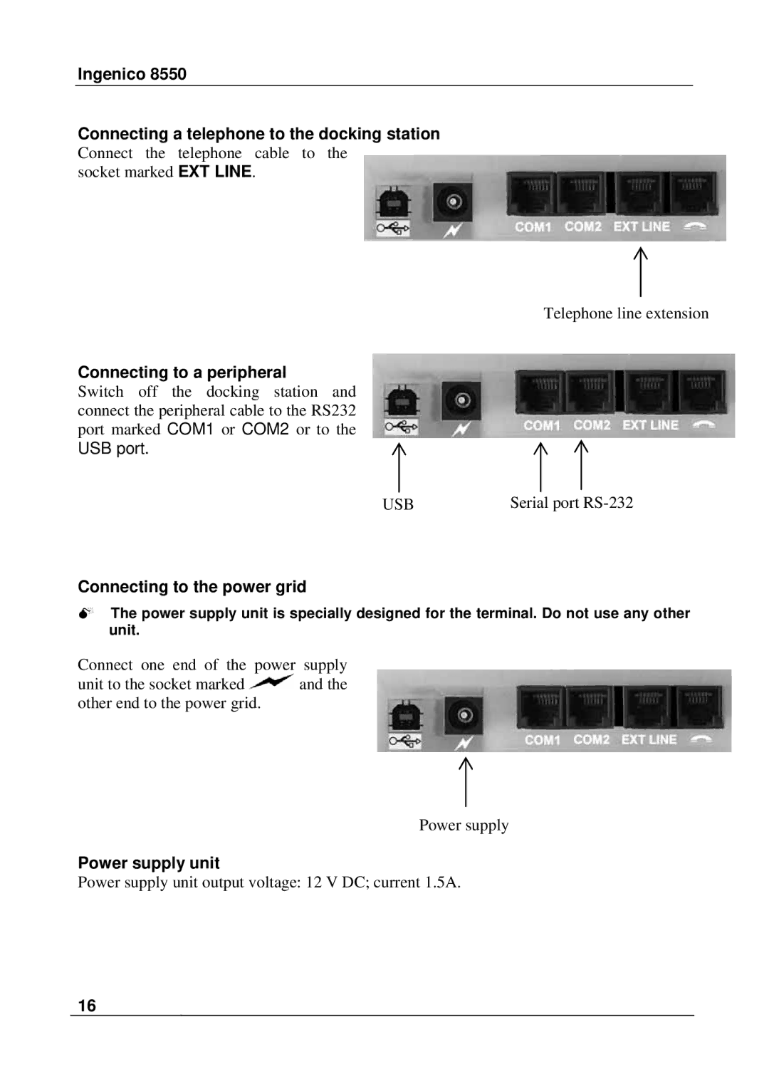 Ingenico 8550 manual Ingenico Connecting a telephone to the docking station, Connecting to a peripheral, Power supply unit 