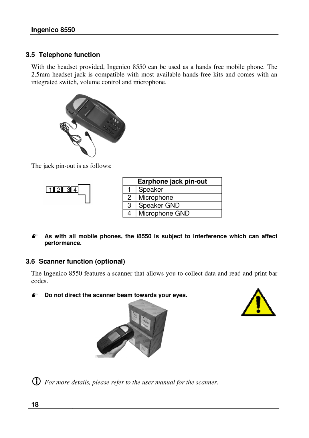 Ingenico 8550 manual Ingenico Telephone function, Earphone jack pin-out, Scanner function optional 