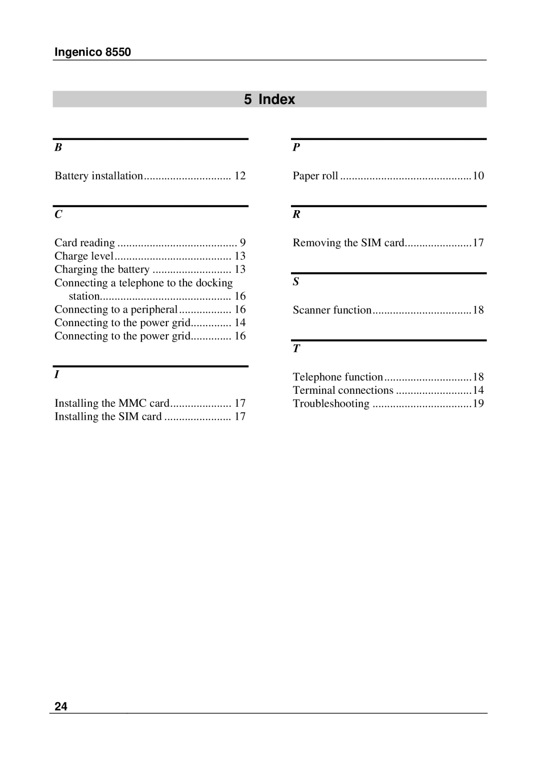 Ingenico 8550 manual Index, Ingenico 