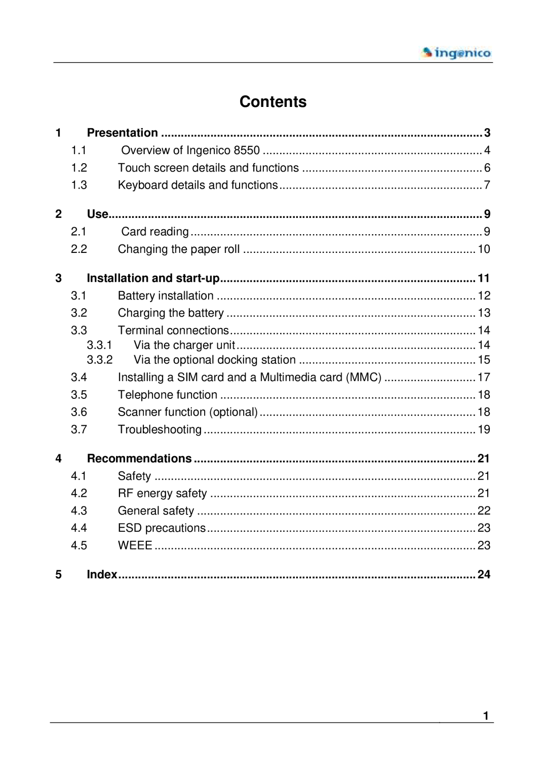 Ingenico 8550 manual Contents 